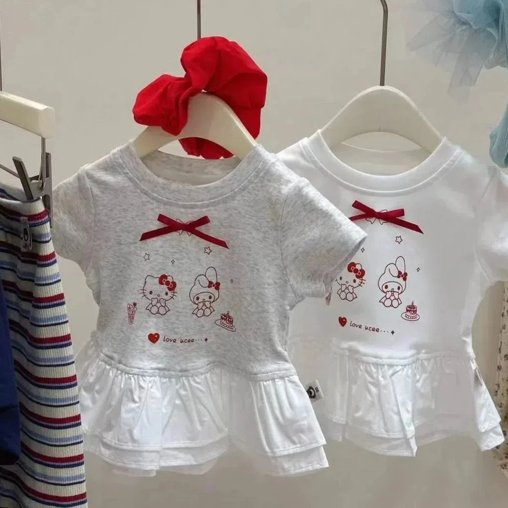 2025女童夏季新款T恤裙甜美可爱蝴蝶结KT印花短袖一体裙摆上衣