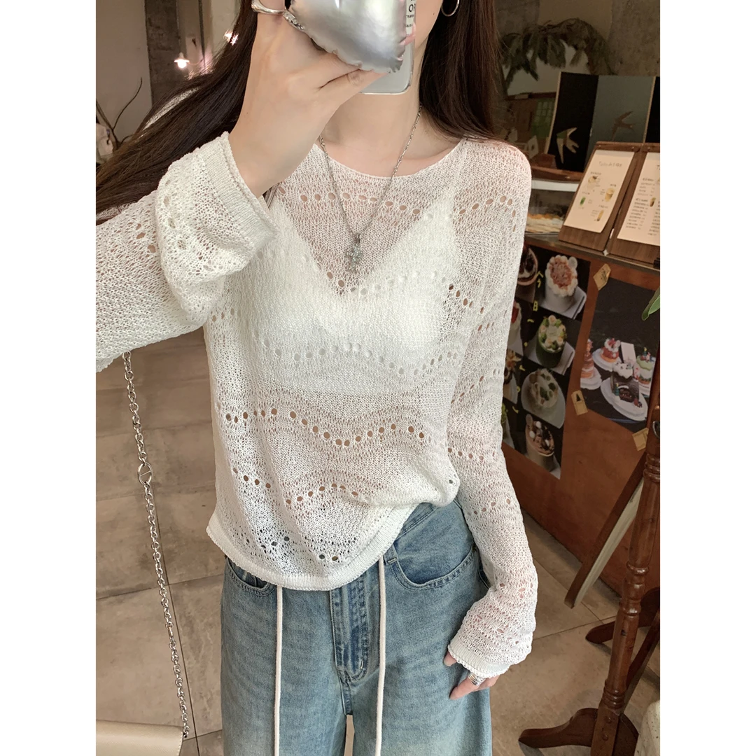 夏日韩版宽松镂空小众设计防晒罩衫可内搭针织衫长袖上衣女