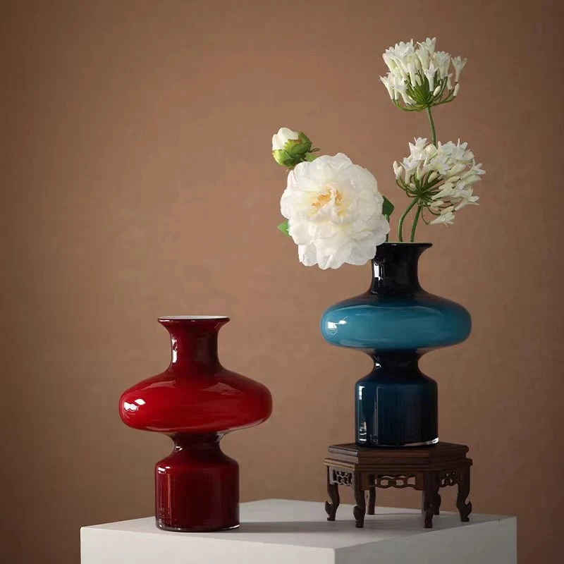 高级感手工玻璃花瓶中古玻璃花器高莫兰迪陶瓷花瓶