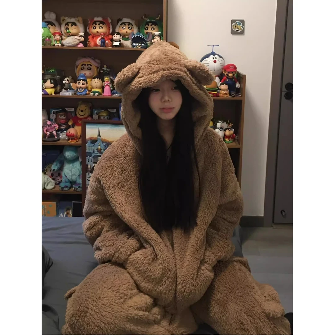 可爱小熊连帽珊瑚绒睡衣秋冬款女生大码加厚保暖家居服毛绒绒套装