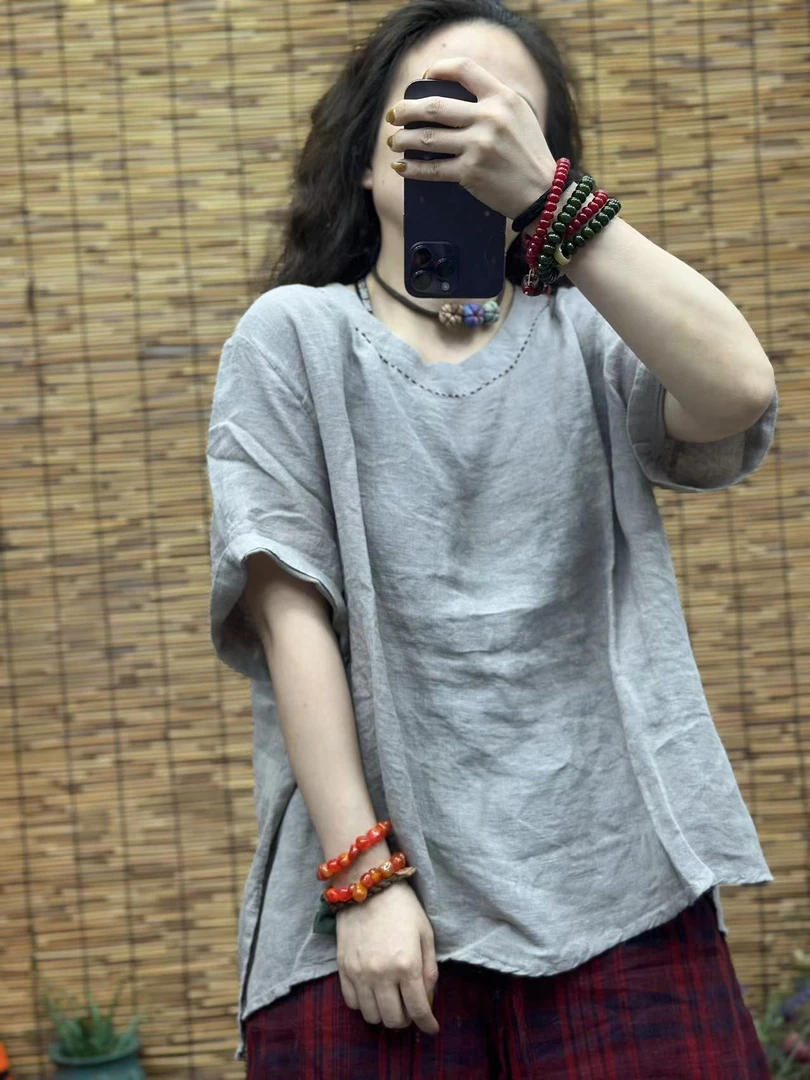 HY   25213领边绣线圆领亚麻上衣