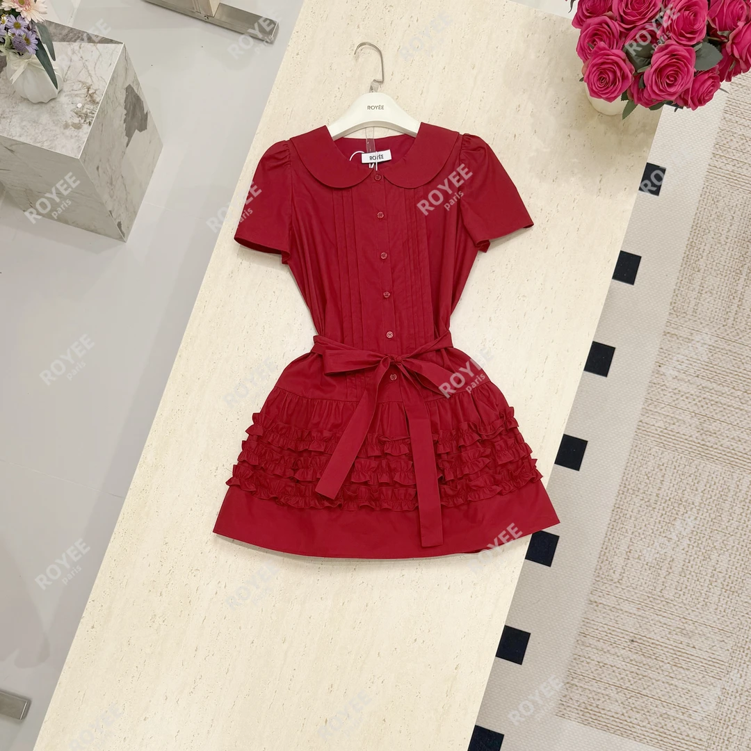 【朗姆红茶】法式甜美减龄娃娃领红色木耳边蛋糕连衣裙RY1194