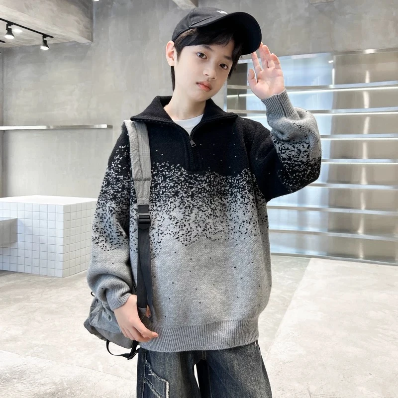 2025中大童新款针织纯棉春秋男童时尚外穿百搭潮流款星空半拉链