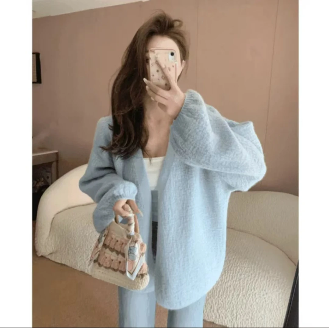 树皮工艺针织开衫女2025春秋新款韩版泡泡袖慵懒风毛衣宽松外套