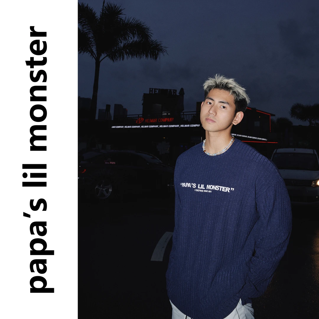 PAPASLILMONSTER【原创】美式慵懒风坑条纹理字母印花圆领长袖T恤