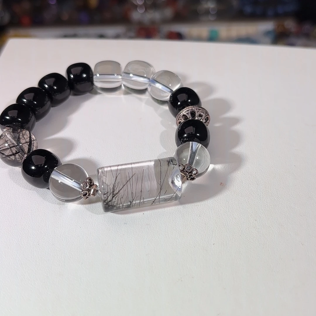 银S925镶嵌水晶手链黑水晶