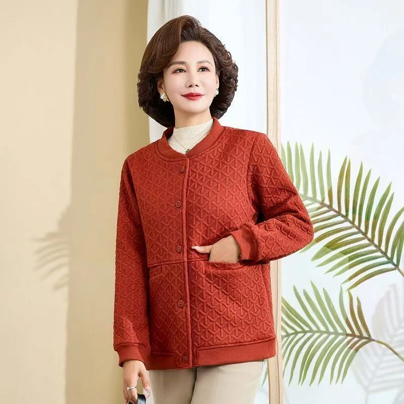 8195-新款妈妈秋冬装外套短款上衣宽松休闲遮肉加绒外套【17-2-4】