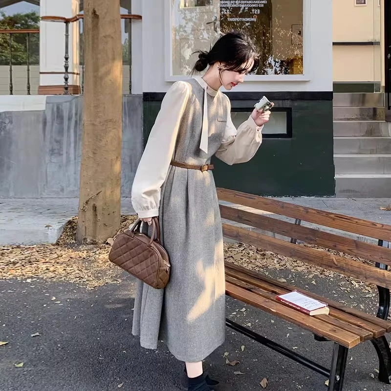 超好看优雅气质假两件拼接连衣裙女2025春秋新款设计感法式A字裙