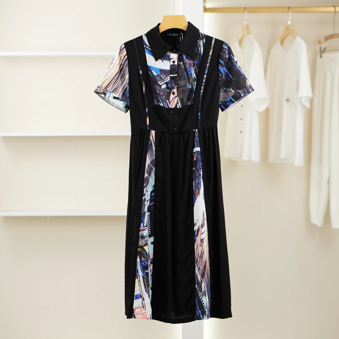 麦迪尚品【帕系列】S488春夏设计师印花拼接连衣裙黑假两件短袖裙