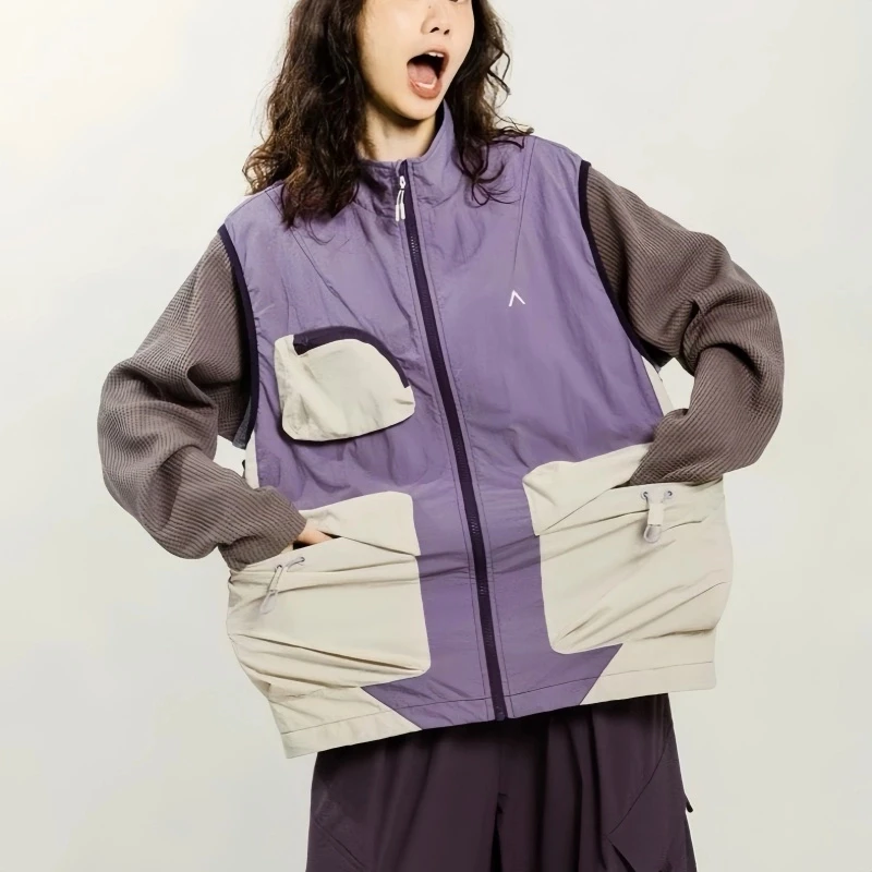 MILU多口袋韩系薄款拼接通用机能轻量工装马甲立领背心