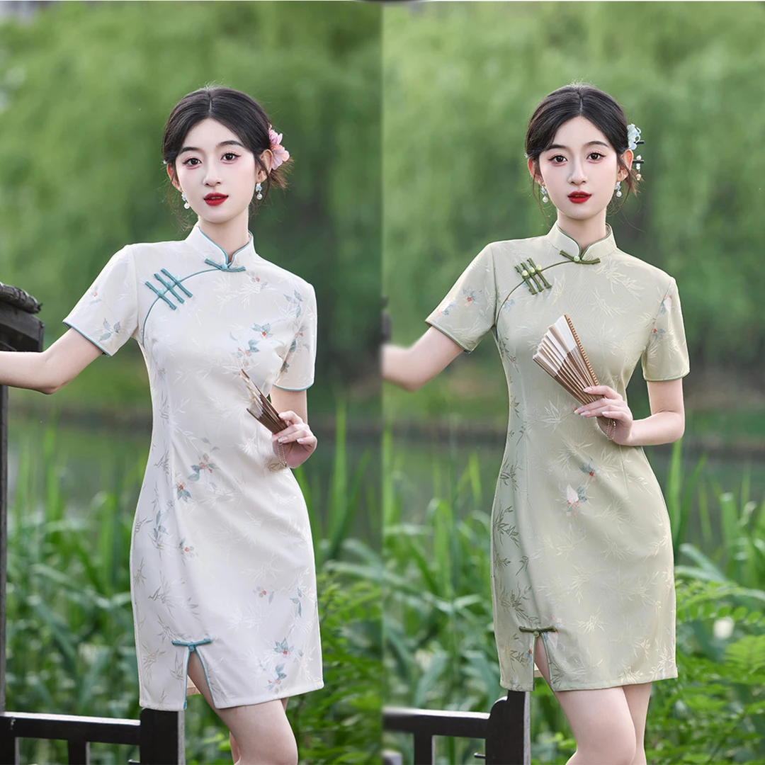 夏季小个子中国风短款旗袍新中式修身显瘦日常小清新旗袍裙-清池