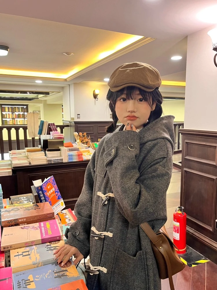 灰色连帽大衣2025年冬季新款小个子毛呢外套高级感学院风中长款女