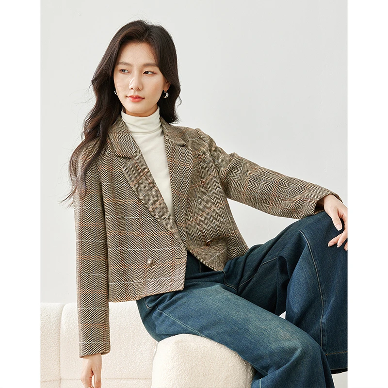 D梵希蔓杏咖色文艺英伦风格纹短外套女通勤夹棉上衣M6032