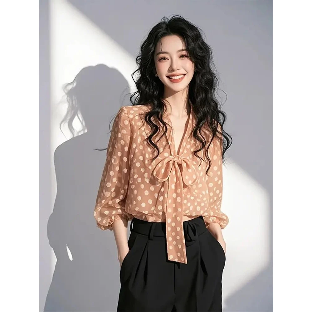 2025夏季爆款小衫法式重要场合气质上衣橘色波点蝴蝶结系带衬衫女