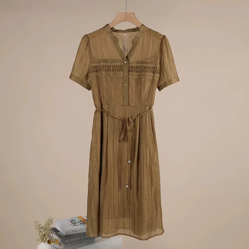 [H651卡其蓝连衣裙]夏季纯色蕾丝女士时尚气约潮拼接裙子春秋