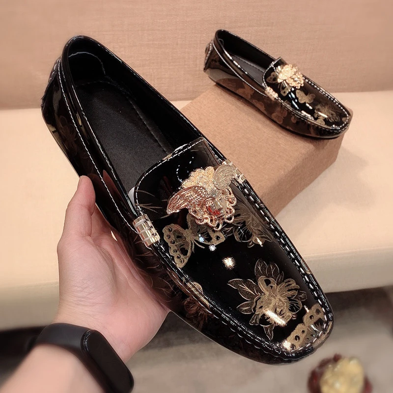 AMI DRAJK蝴蝶暗纹豆豆鞋男美杜莎春夏一脚蹬真皮透气休闲皮鞋软