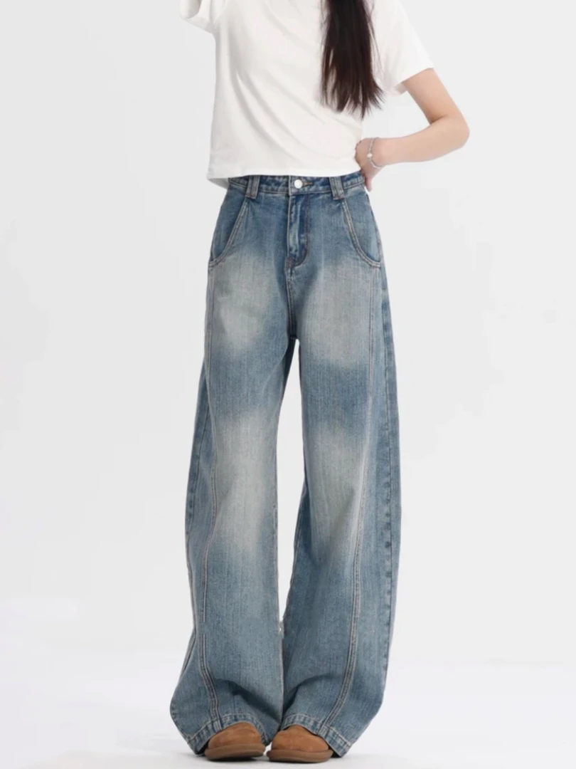 秋款复古阔腿牛仔裤高腰宽松显瘦弯刀裤香蕉裤镰刀裤原牛直筒裤