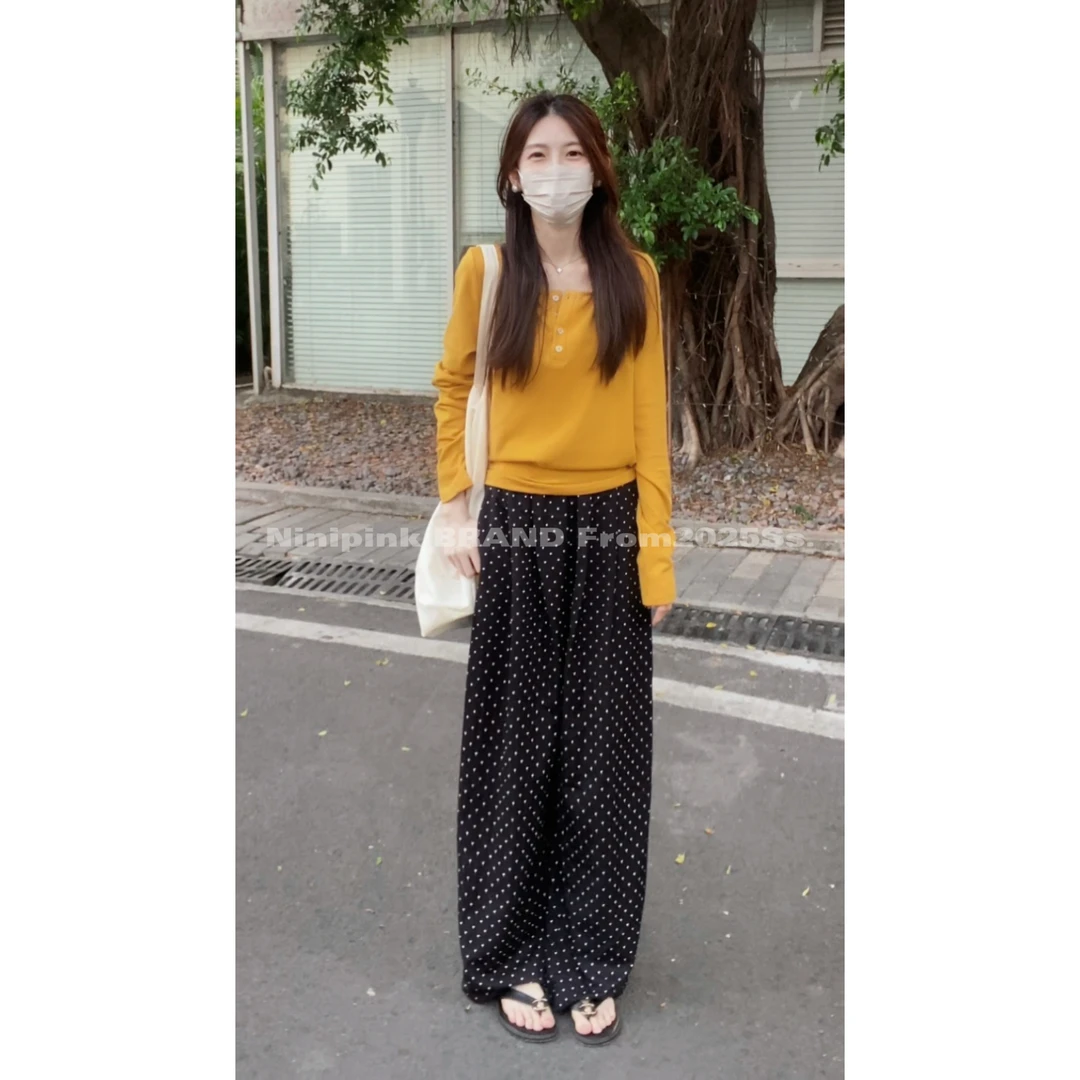 庄不腻早春新款【珍珠波波】韩版波点休闲裤高腰直筒显瘦阔腿裤6313