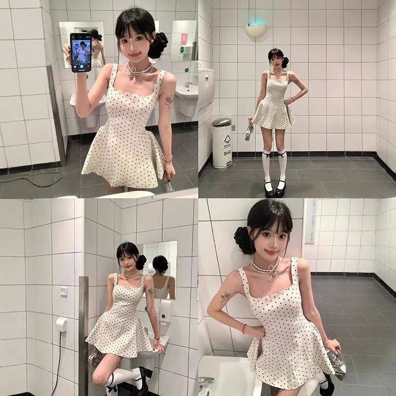 法式甜美风方领波点连衣裙吊带夏季新款气质收腰高级跨境批发