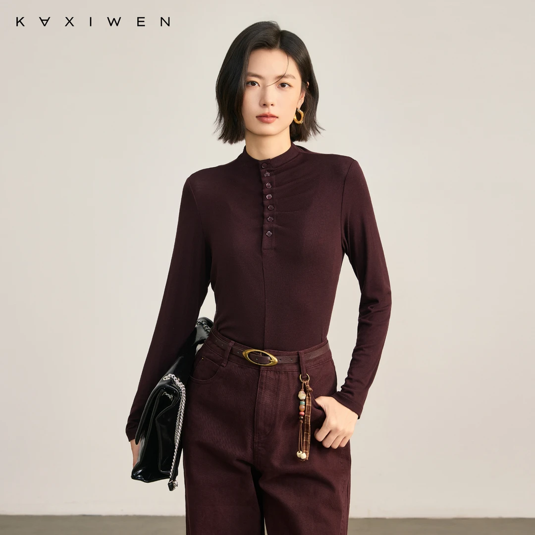 佧茜文半高领打底衫【冬新】慵懒舒适修身压褶领口小衫女D09CXW9028