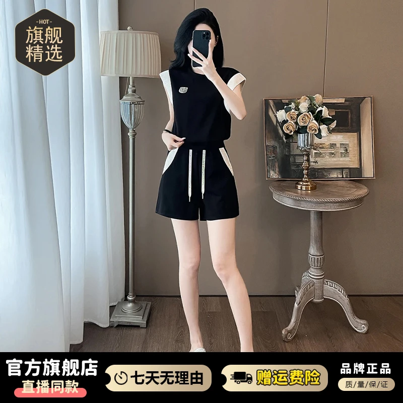 休闲欧货黑色套装女2025年夏季新款显瘦高级感拼色上衣短裤两件套