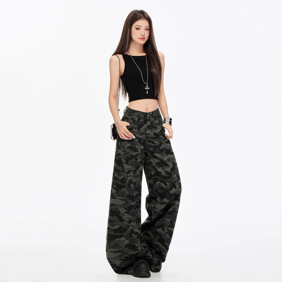 美式迷彩阔腿牛仔裤女小个子2025夏季薄款高腰垂感宽松显瘦拖地裤