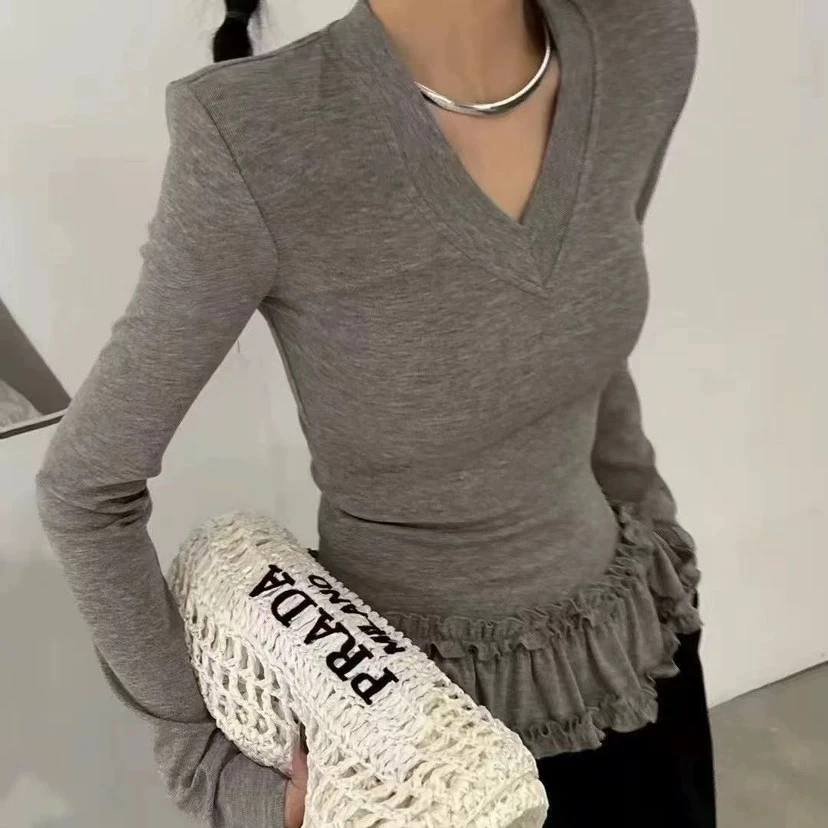 V领芭蕾木耳边打底衫