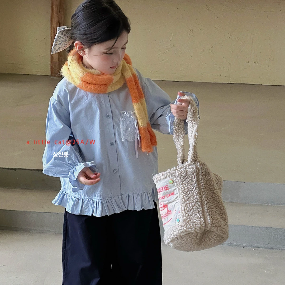 【小猫集邮册】蓝色棉质可爱娃娃衫衬衫学院风女童秋款