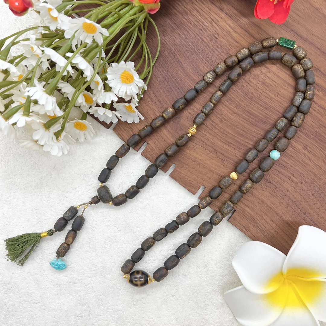 沉香【润家原创】天然6mm种植绿棋楠沉香18K金设计款四圈手串#6044