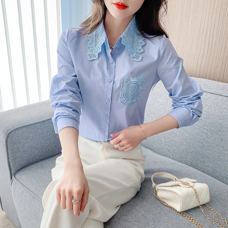春秋季2025年新款女装时尚减龄纯棉衬衫女洋气全棉蕾丝领休闲上衣