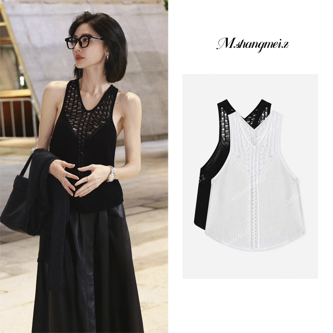 M.SHANGMEI.Z/沐熙【小心机】美大哥V领针织百搭镂空背心X072678