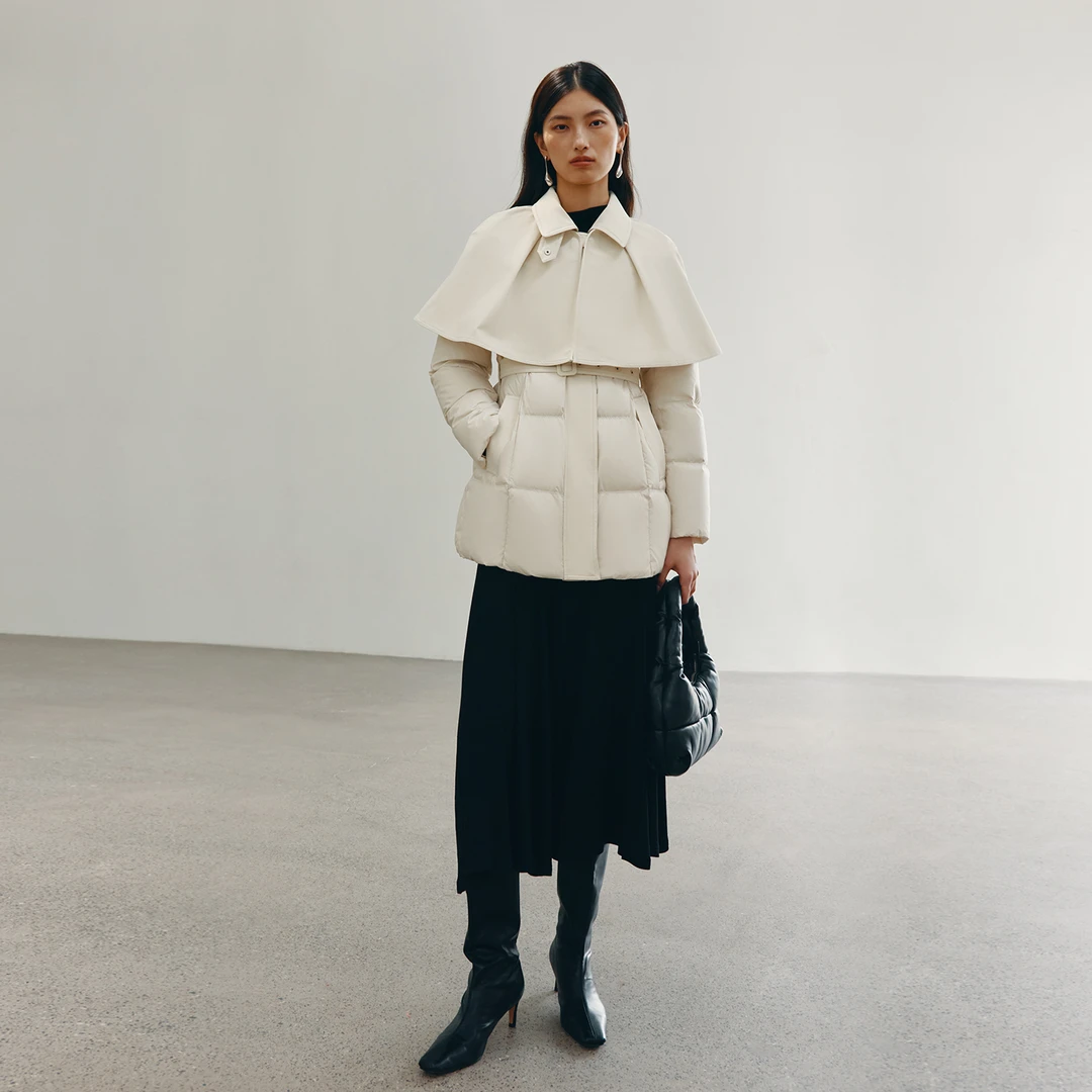 艾莱依时装羽绒服鹅绒气质短款时尚立体冬季剪裁翻领女士收腰3027