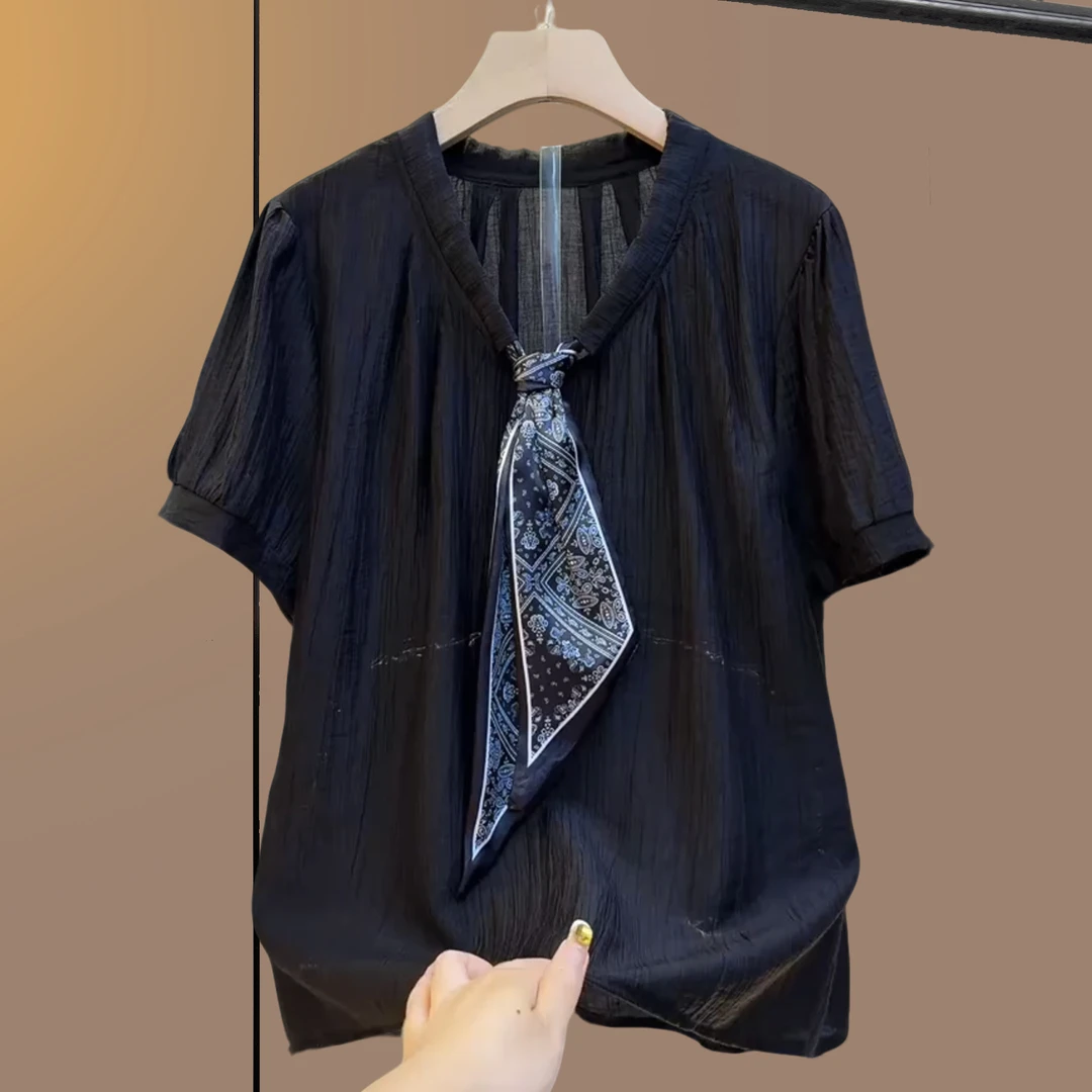 大码女装胖妹妹夏季时尚短袖常规款显瘦领带宽松薄款小衫大码短袖