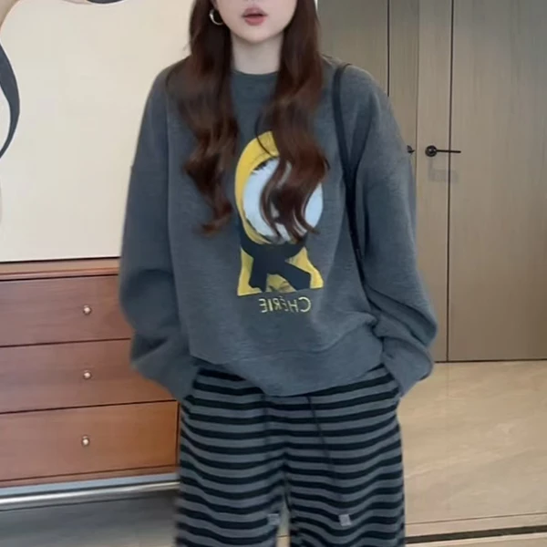 S0183秋美式复古休闲减龄宽松慵懒圆领卡通小狗字母上衣套头卫衣