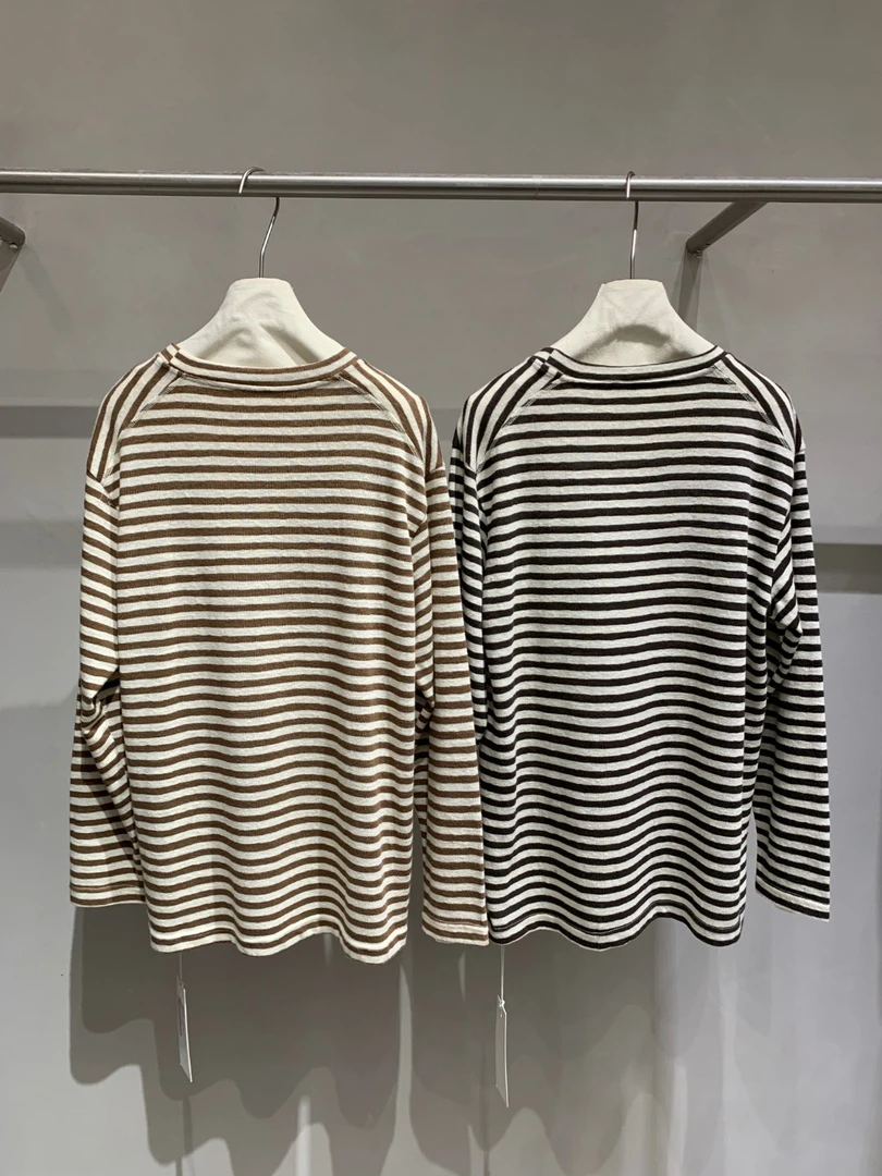 HTT插肩袖通勤风条纹长袖宽松型T恤针织显瘦失序混搭风5121209