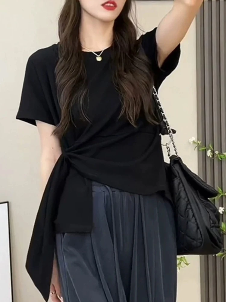设计感不规则绑带正肩短袖t恤女2025新款夏季高级感独特别致上衣