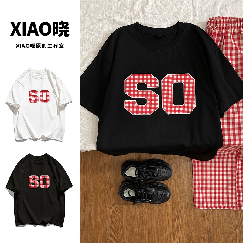 重工刺绣格纹字母圆领简约重磅100%纯棉女短袖宽松t恤打底衫上衣