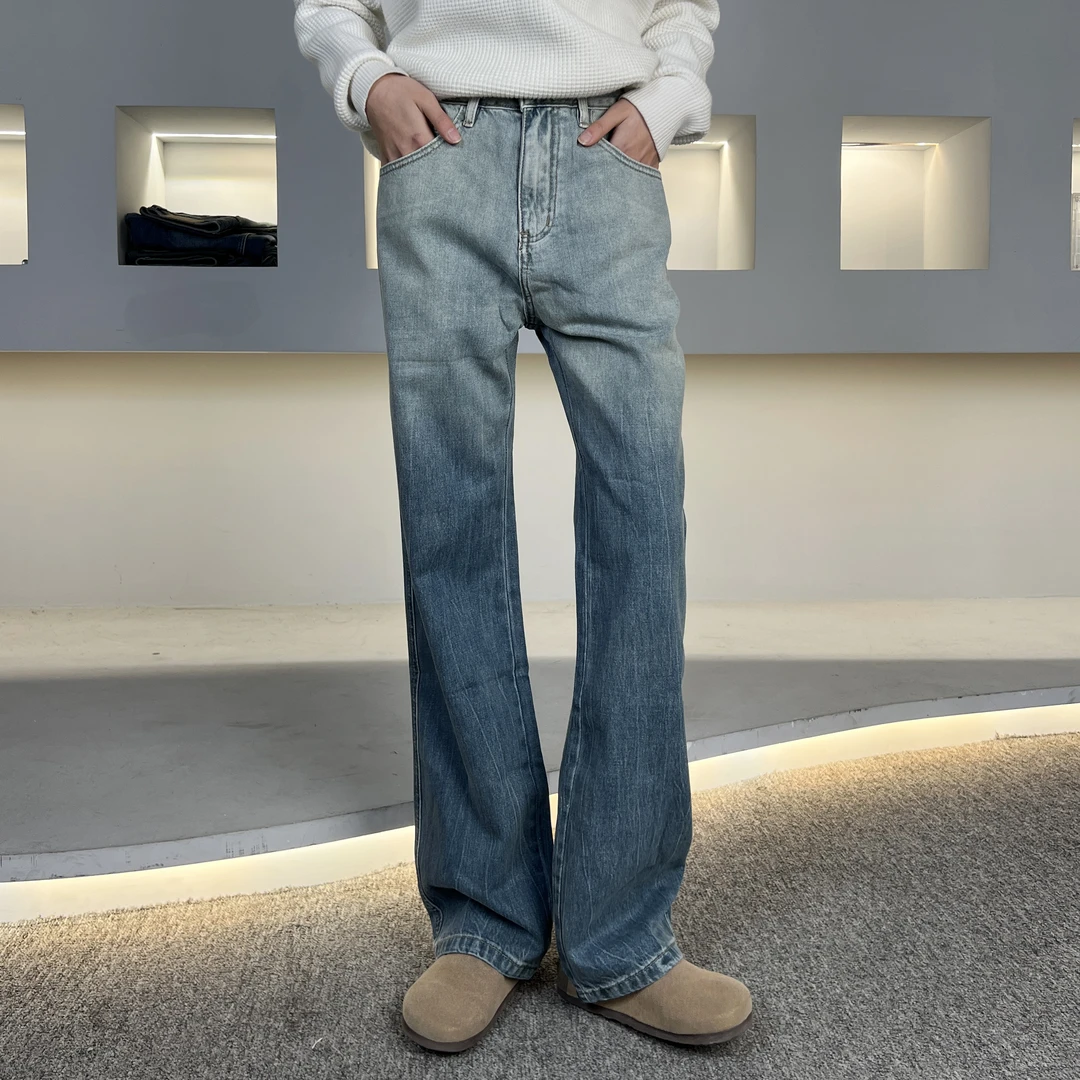 【逸潮】渐变蓝色美式水洗牛仔裤宽松百搭休闲高街7802裤子