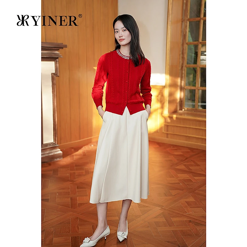 【中国红】YINER音儿专选2025春新款美丽诺羊毛香风钉珠针织开衫