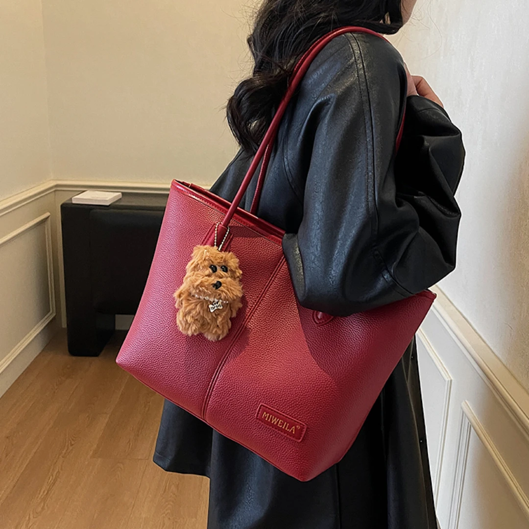 红色托特包女荔枝纹婚包高级感大容量通勤单肩包百搭结婚新娘包