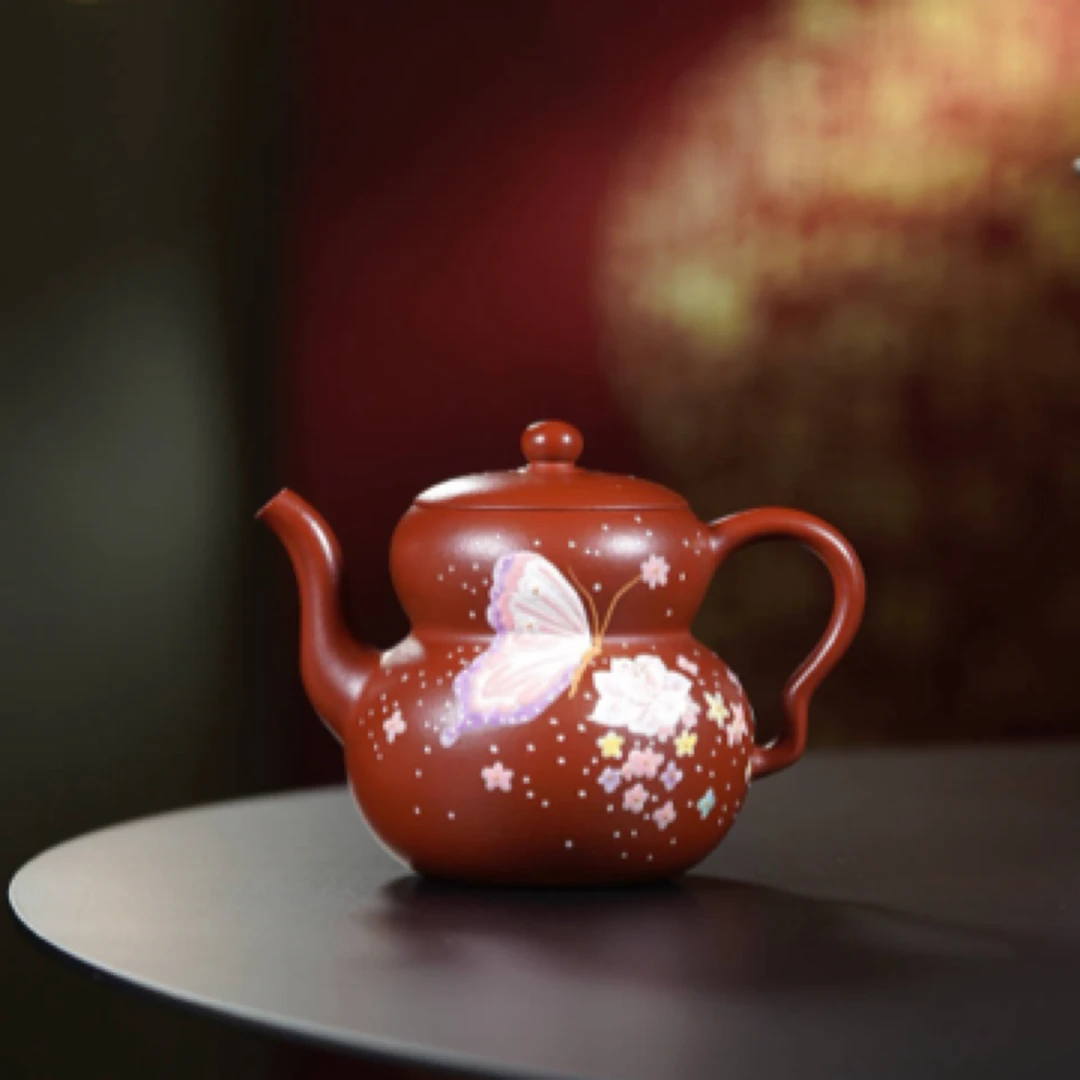 葫芦180cc内推原矿朱泥蝶恋花蝴蝶泥绘张灵手作功夫茶具