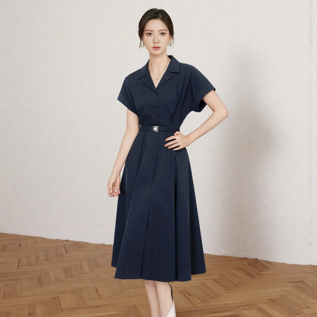 DUCURNO藏青色短袖连衣裙女夏季2025新款简约气质优雅休闲收腰裙