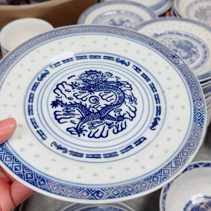 青花玲珑8寸平盘龙纹