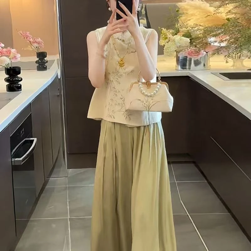 新中式气质国风刺绣无袖上衣女装2025夏季新款阔腿裤慵懒休闲套装