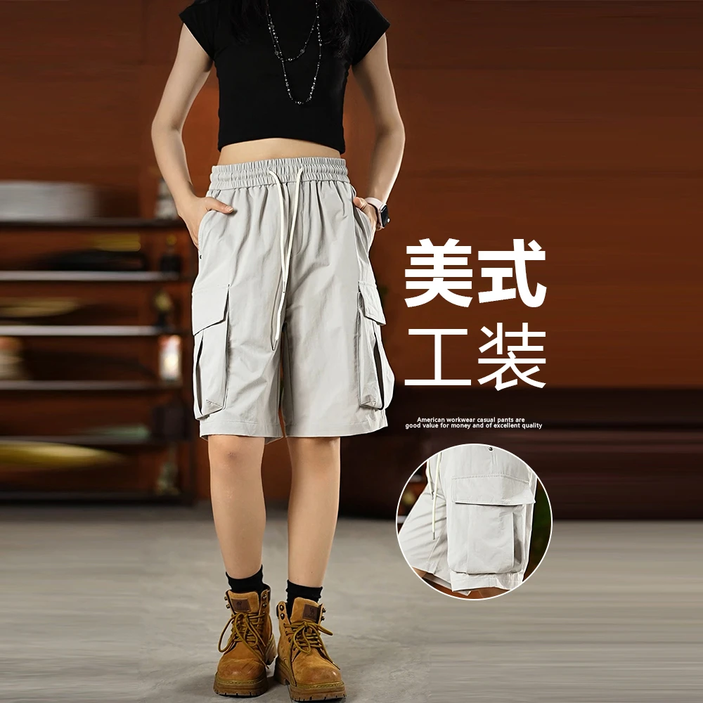 夏季美式休闲痞帅薄款大口袋工装短裤男宽松抽绳百搭运动五分裤子