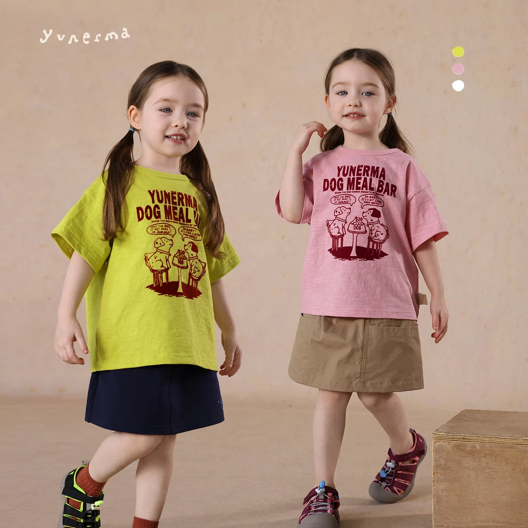 宝宝日系植绒印花纯棉短袖允儿妈女童2025夏季新款T恤儿童上衣潮