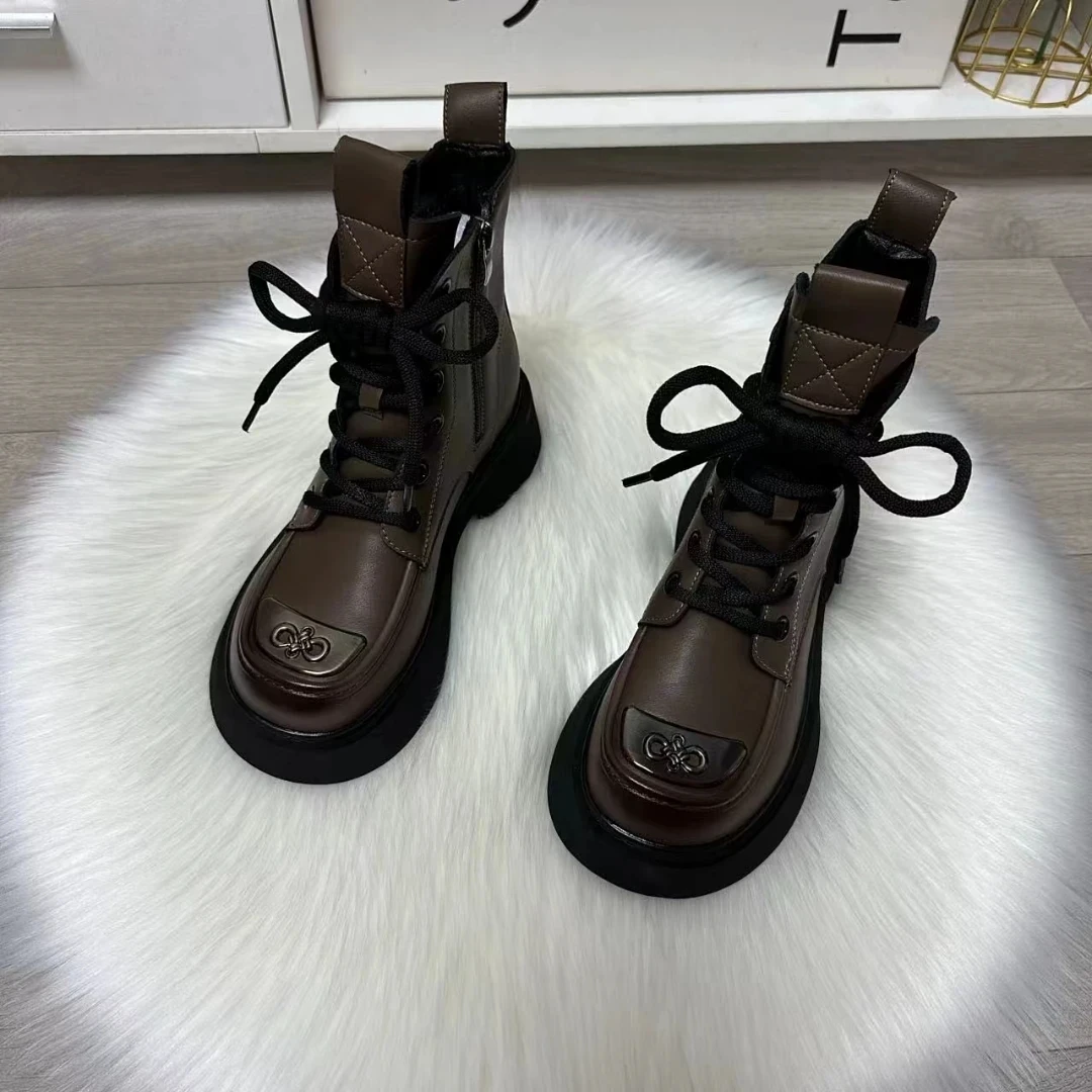 新款厚底马丁靴女2025秋冬新款秋季英伦风粗跟增高软底系带加绒靴
