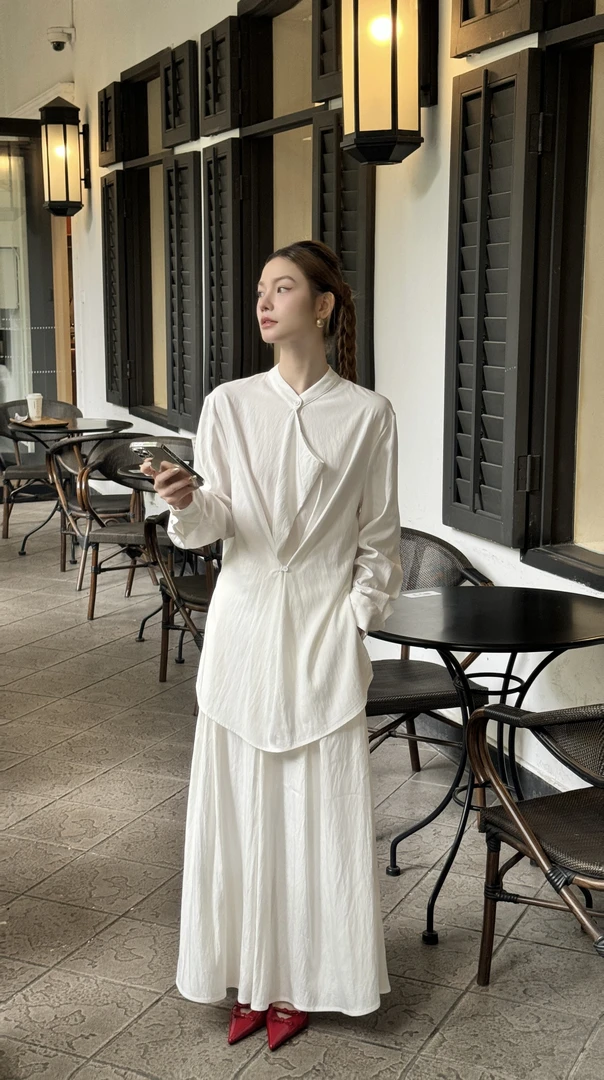 【琪琪怪怪】舒适慵懒风褶皱上衣加百搭显瘦松紧腰半裙