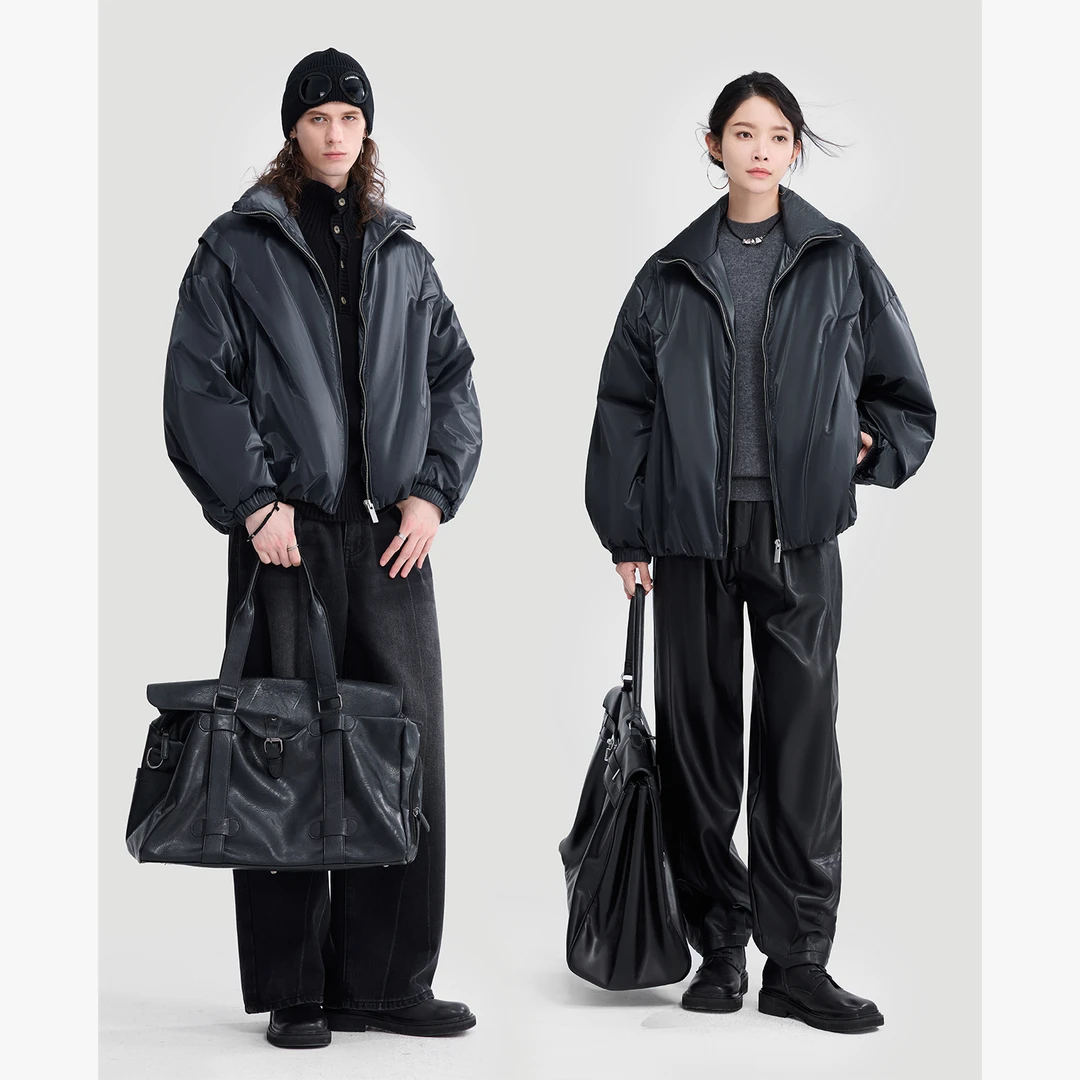 HERBEL/黑白2024冬季立领羽绒服黑色亮面保暖防水防油污防静电Z