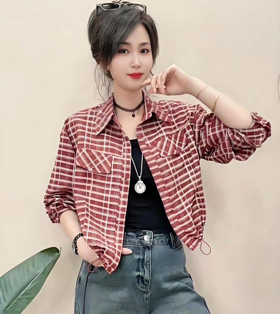 经典时尚格子长袖衬衫女2025秋季新款洋气百搭ins复古短外套上衣